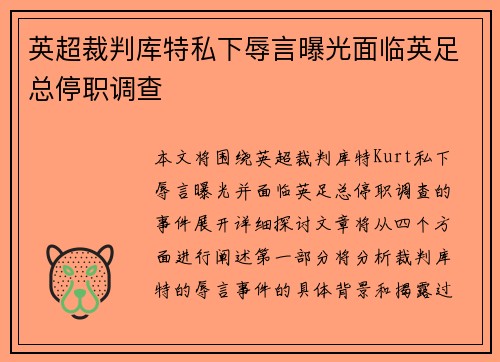 英超裁判库特私下辱言曝光面临英足总停职调查